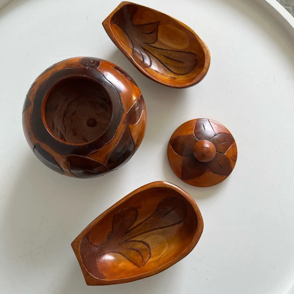 Handcrafted Wooden Lidded Round Bowl And Two Smaller Bowls Art Set Brown Vintage